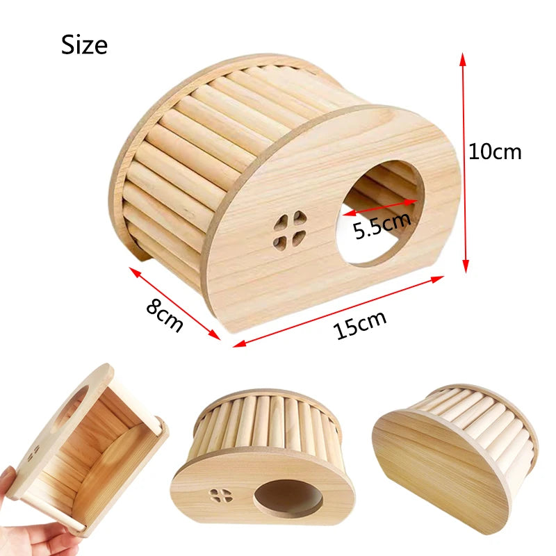 Wooden hamster hideaway castle: smooth house with hole, arch bridge for dwarf mice, gerbils, small pets.