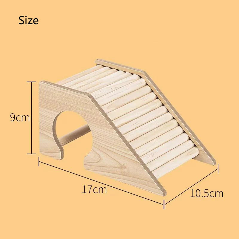 Wooden hamster hideaway castle: smooth house with hole, arch bridge for dwarf mice, gerbils, small pets.