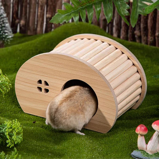 Wooden hamster hideaway castle: smooth house with hole, arch bridge for dwarf mice, gerbils, small pets.