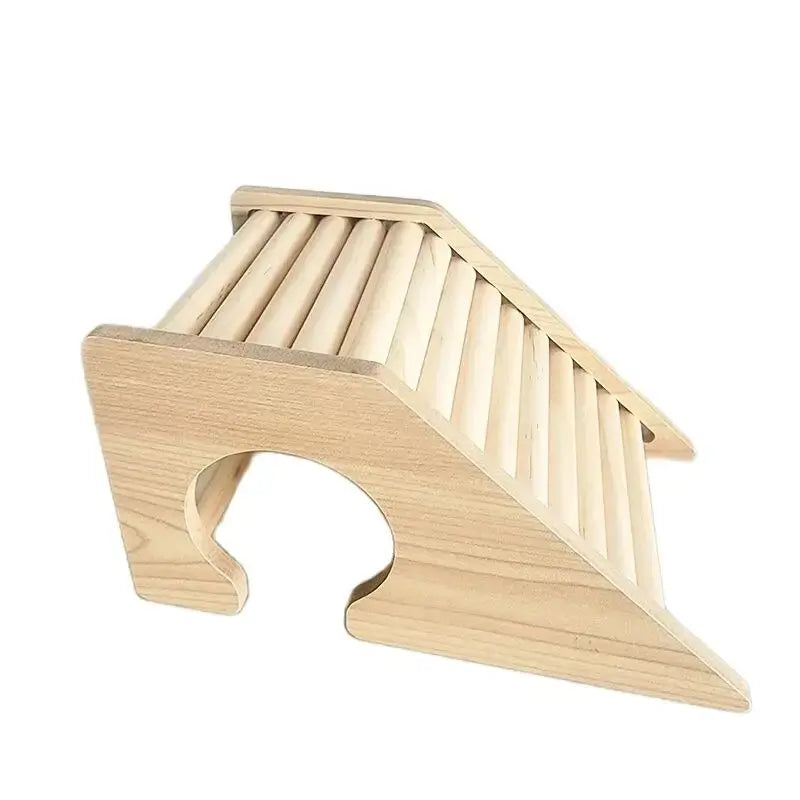Wooden hamster hideaway castle: smooth house with hole, arch bridge for dwarf mice, gerbils, small pets.