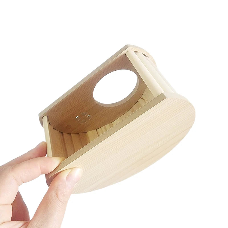 Wooden hamster hideaway castle: smooth house with hole, arch bridge for dwarf mice, gerbils, small pets.
