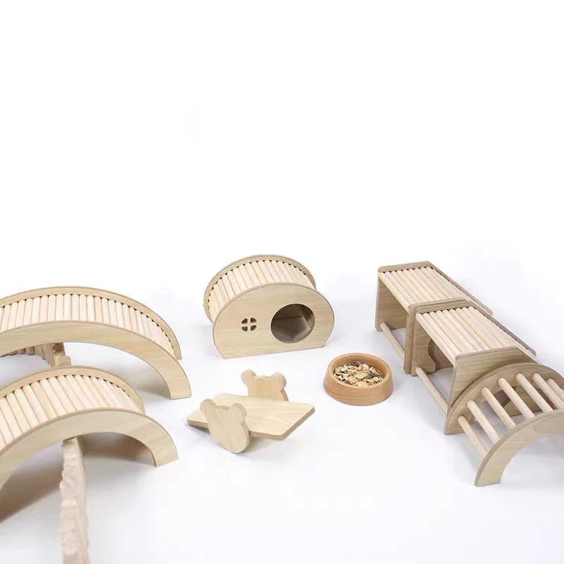 Wooden hamster hideaway castle: smooth house with hole, arch bridge for dwarf mice, gerbils, small pets.