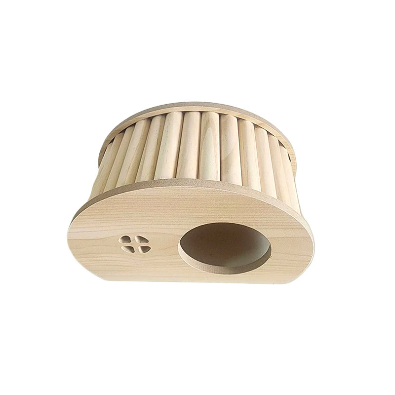 Wooden hamster hideaway castle: smooth house with hole, arch bridge for dwarf mice, gerbils, small pets.