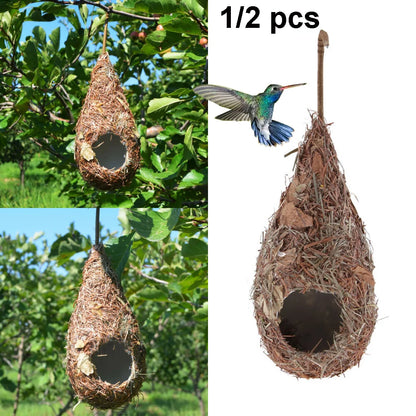 Hand-Woven Natural Grass Bird Nest: Cozy roosting hut for hummingbirds and yard decor. (1 or 2 pack)