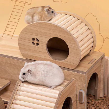 Wooden hamster hideaway castle: smooth house with hole, arch bridge for dwarf mice, gerbils, small pets.