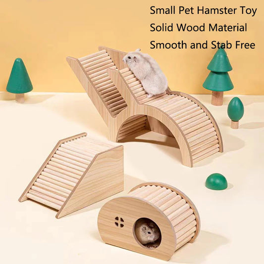 Wooden hamster hideaway castle: smooth house with hole, arch bridge for dwarf mice, gerbils, small pets.