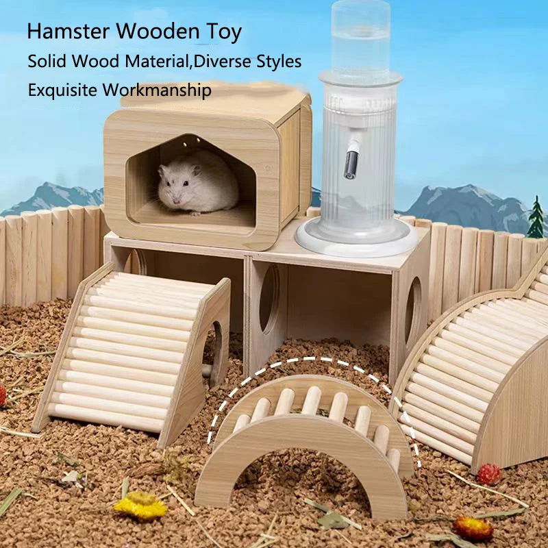 Wooden hamster hideaway castle: smooth house with hole, arch bridge for dwarf mice, gerbils, small pets.