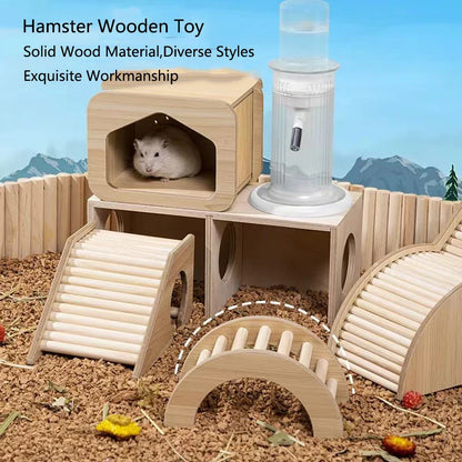 Wooden hamster hideaway castle: smooth house with hole, arch bridge for dwarf mice, gerbils, small pets.