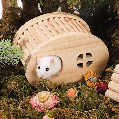 Wooden hamster hideaway castle: smooth house with hole, arch bridge for dwarf mice, gerbils, small pets.